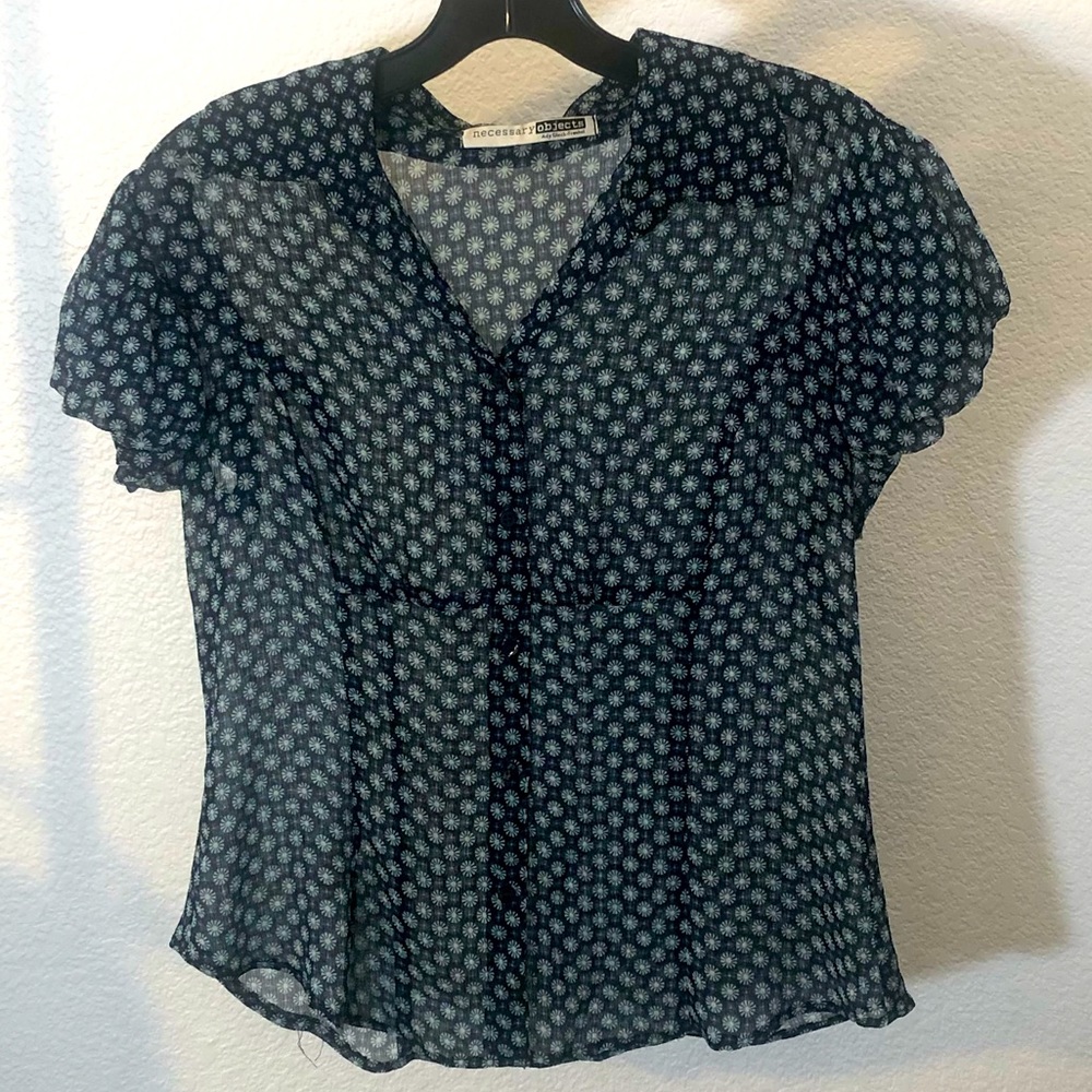 Necessary Objects Blue Print Sheer Tailored Blouse. Size M